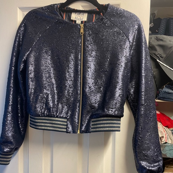 NWT GiGi Hadid Blue Sequin glitter bomber - Picture 2 of 3